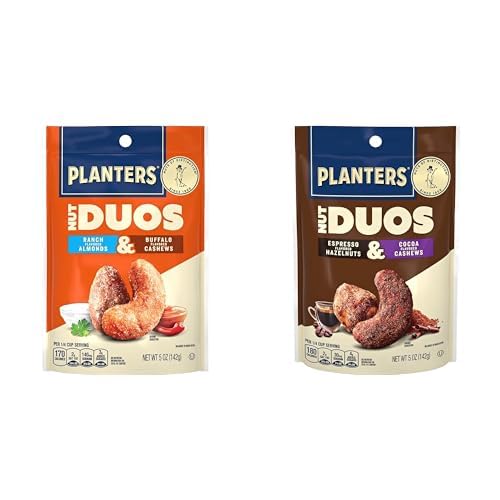 PLANTERS Nut Duos Bundle, Flavored Nuts, Snacks Variety Pack - Ranch Almonds & Buffalo Cashews 5oz + Cocoa Cashews & Espresso Hazelnuts 5oz