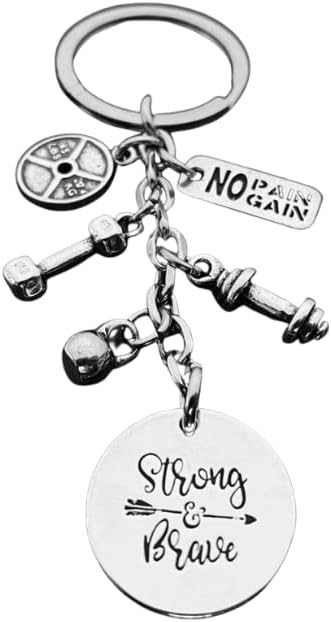Strong & Brave +No Pain No Gain + Weightlifting Plate + Dumbbells + Kettlebell Keychain