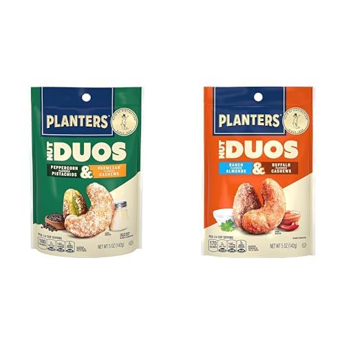 PLANTERS Nut Duos Bundle, Flavored Nuts, Snacks Variety Pack - Peppercorn Pistachios & Parmesan Cashews 5oz + Ranch Almonds & Buffalo Cashews 5oz
