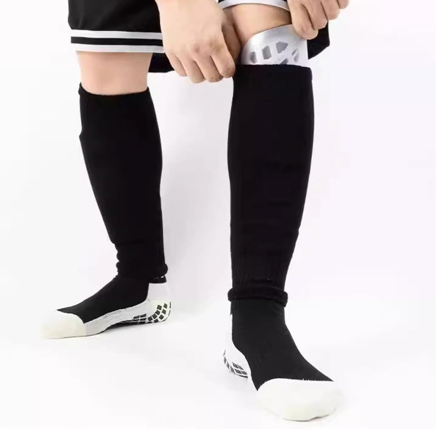 2 Set Anti-Slip Grip Soccer Socks with Shin Guard Sleeves, Sports Athletic Socks for Men Women