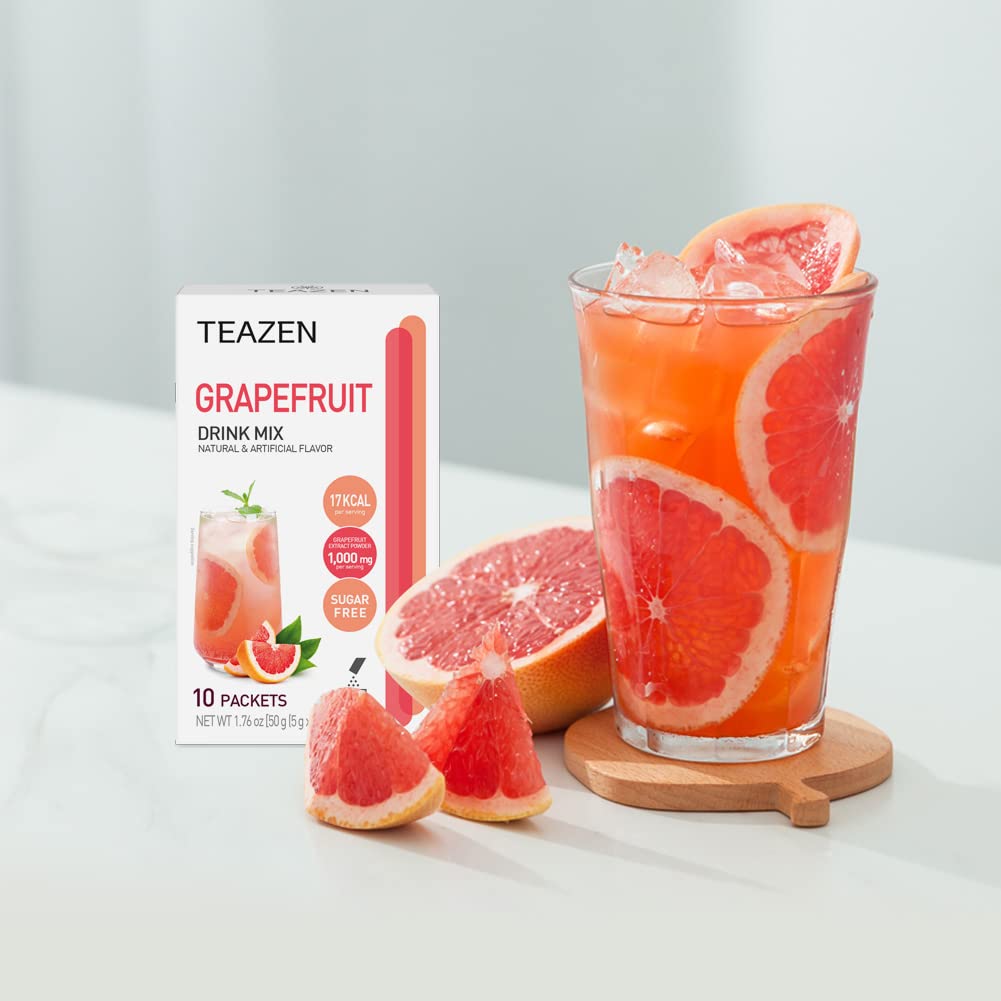TEAZEN Grapefruit Tea, Sugar Free, Hibiscus and Green Tea, Powdered Mix Beverage from Korea, 10 Sticks, 1.76oz