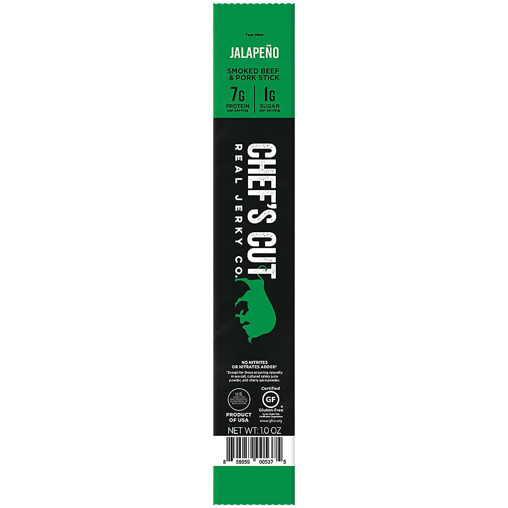 Chef's Cut Pork & Beef Snack Sticks, Jalapeno, High Protein Meat Snack, Individually Wrapped, 8g Protein and 120 Calories, Gluten Free - 1 Ounce (Pack of 16)