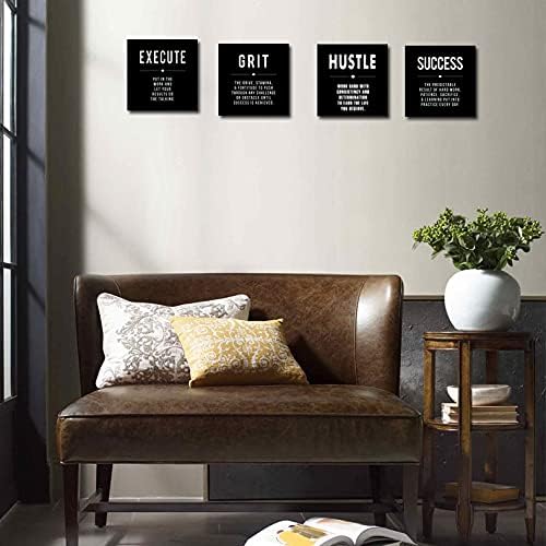 Motivational Grit Success Execute Hustle Quotes Canvas Wall Art -Inspirational Office Wall Art Poster Quotes - Canvas Artwork Picture Print Framed for Home Bedroom Office Wall Decor-12 x12 x4pcs