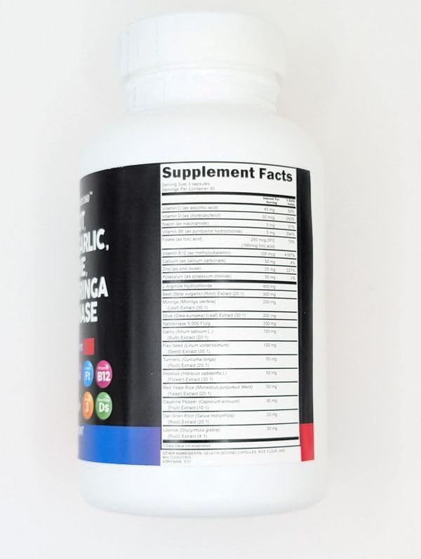 Clean Nutraceuticals Beet Root Capsules Olive Leaf Nattokinase Garlic Extract L-Arginine Omega 3 Red Yeast Rice Hibiscus Danshen - Healthy Support Supplement - 90 Ct