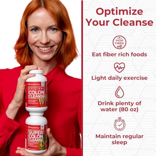 Health Plus Super Colon Cleanse 15 Day Supply of Gentle Gut Cleanse Detox, Psyllium Husk, Probiotics for Constipation Relief & Digestive Support, 60 Capsules