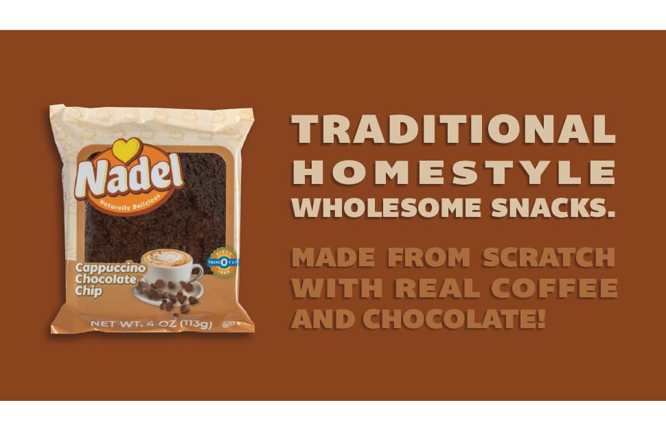 Nadel - Naturally Delicious Cappuccino Chocolate Chip bread, Lunch snack breakfast bars coffee cake, Natural fresh brand mocha chocolate cake 16 pack
