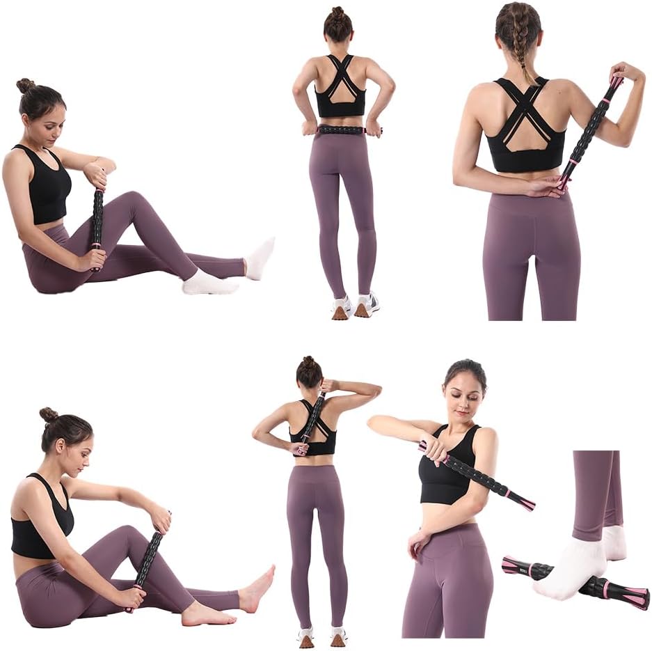 Muscle Roller Stick for Athletes, Massage Roller to Reduce Muscle Soreness, Cramping & Tightness - Legs, Arms, Back & Calves (Black Pink- 18 inch)