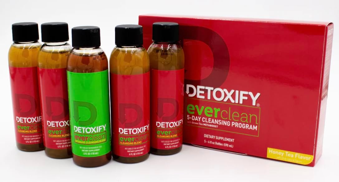 Detoxify – Ever Clean Cleansing Program – Honey Tea – 5 x 4 oz Bottles – 5-Day Solution – Green Tea, Vitamins & Minerals – Plus Sticker and Bag