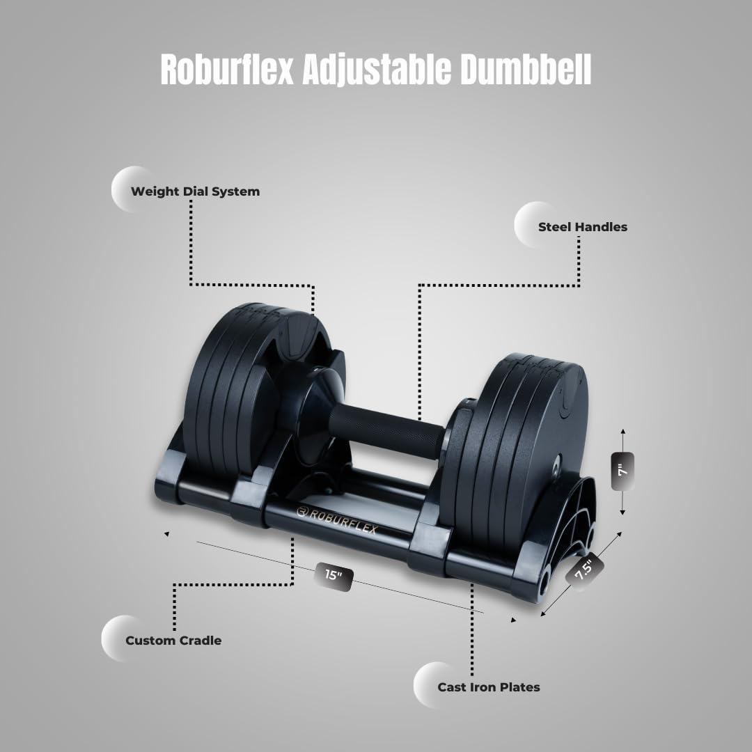 Adjustable Dumbbell (Single) by ROBURFLEX for Workout Strength Training Fitness Home Gym