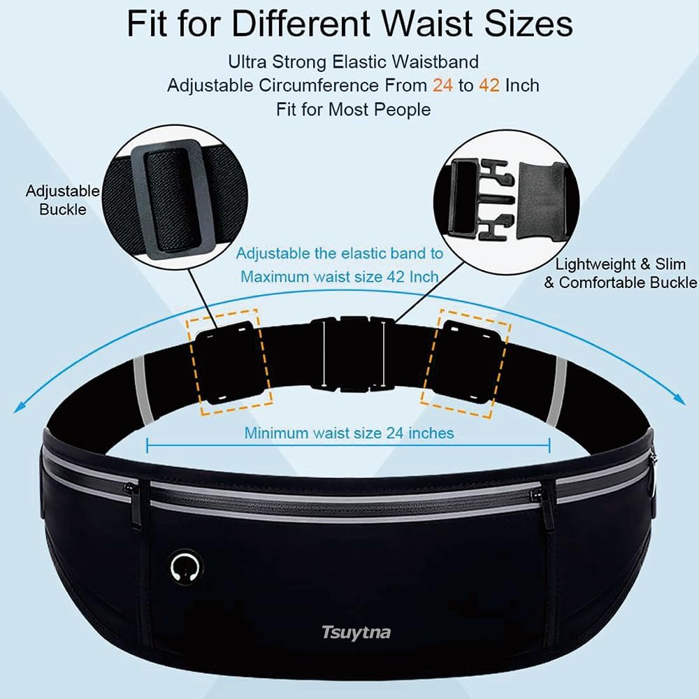 Running Belt for Women & Men - Slim Phone running belt with Water-Resistant Phone Holder, 3 pockets Adjustable Waist Strap, Reflective Safety Design for Running, Hiking, Travel,Fitness(Black)