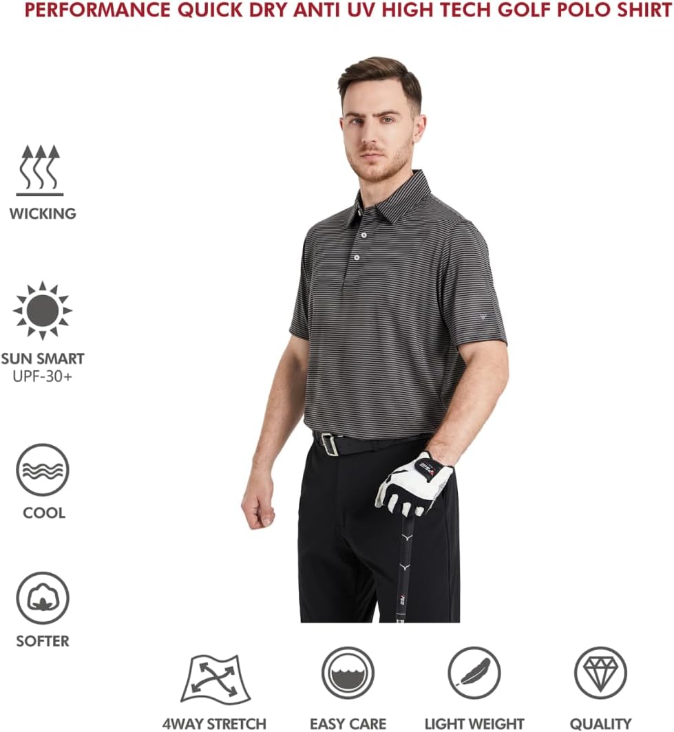 Men's Golf Polo Shirts Short Sleeve Striped Performance Moisture Wicking Dry Fit Golf Shirts for Men