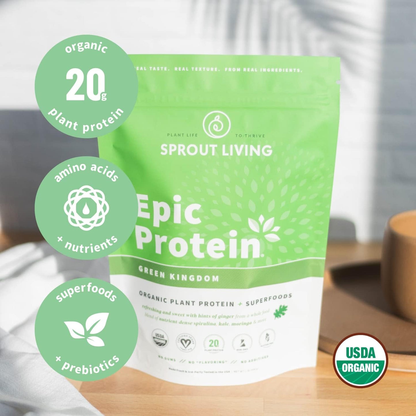Sprout Living Epic Protein, Plant Based Protein & Superfoods Powder, Green Kingdom | 20 Grams Organic Protein Powder, Greens, Vegan, Non Dairy, Non-GMO, Gluten Free, Low Sugar (1 Pound, 12 Servings)