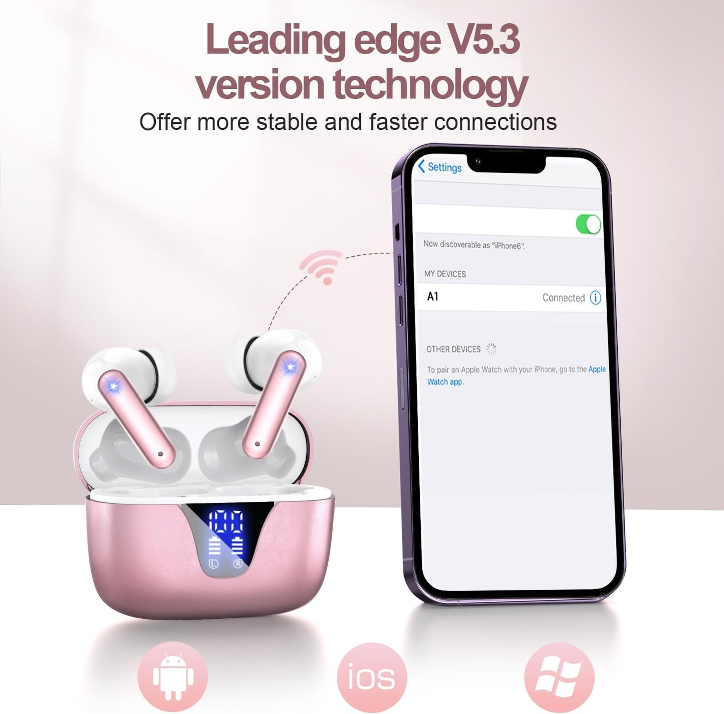ZIUTY Wireless Earbuds Bluetooth Headphones, 50H Playtime Ear Buds with Mic, LED Digital Display Charging Case, IPX7 Waterproof, Deep Bass Stereo, in-Ear Earphone for iPhone Andriod Phone