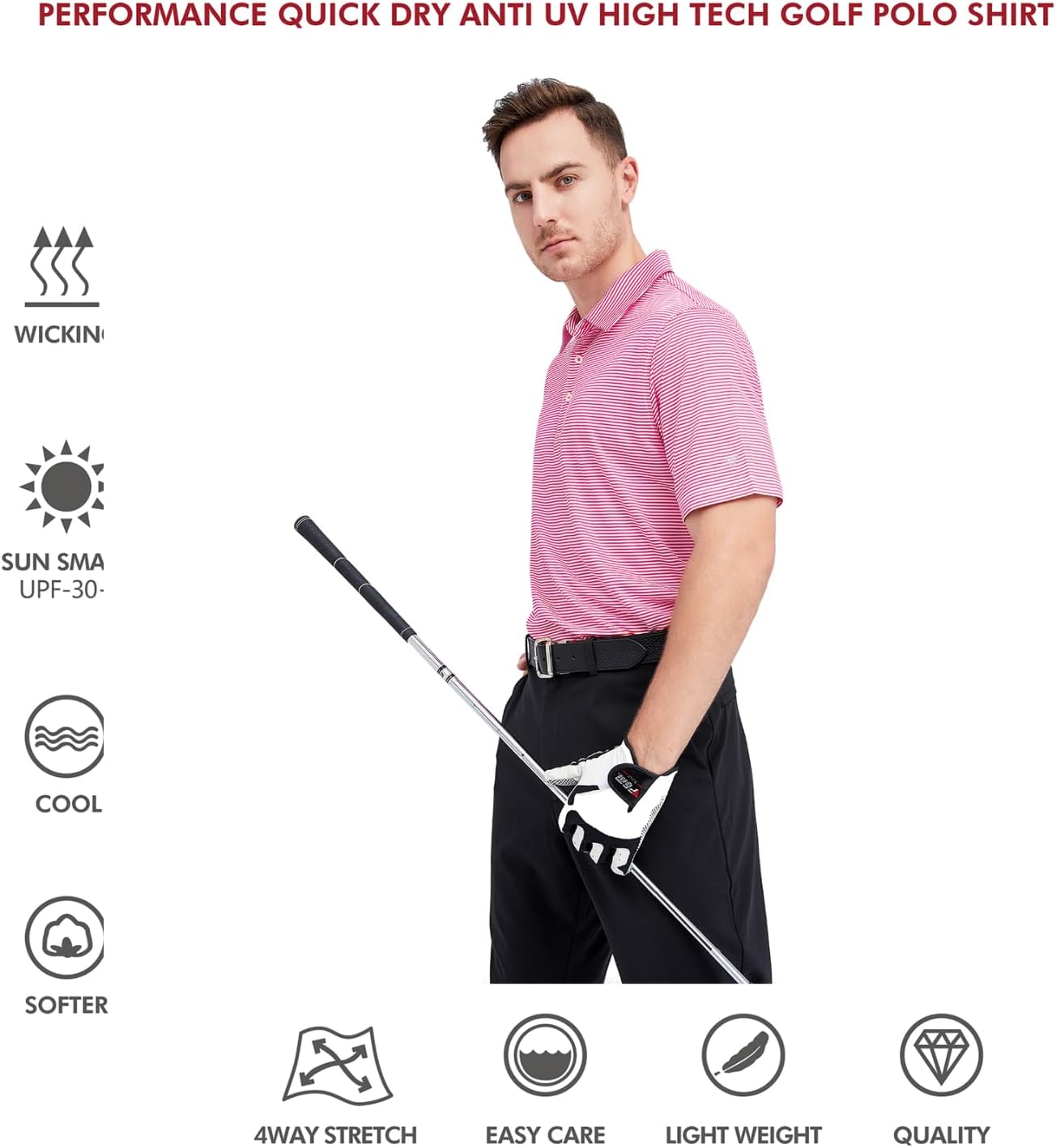Men's Golf Polo Shirts Short Sleeve Striped Performance Moisture Wicking Dry Fit Golf Shirts for Men