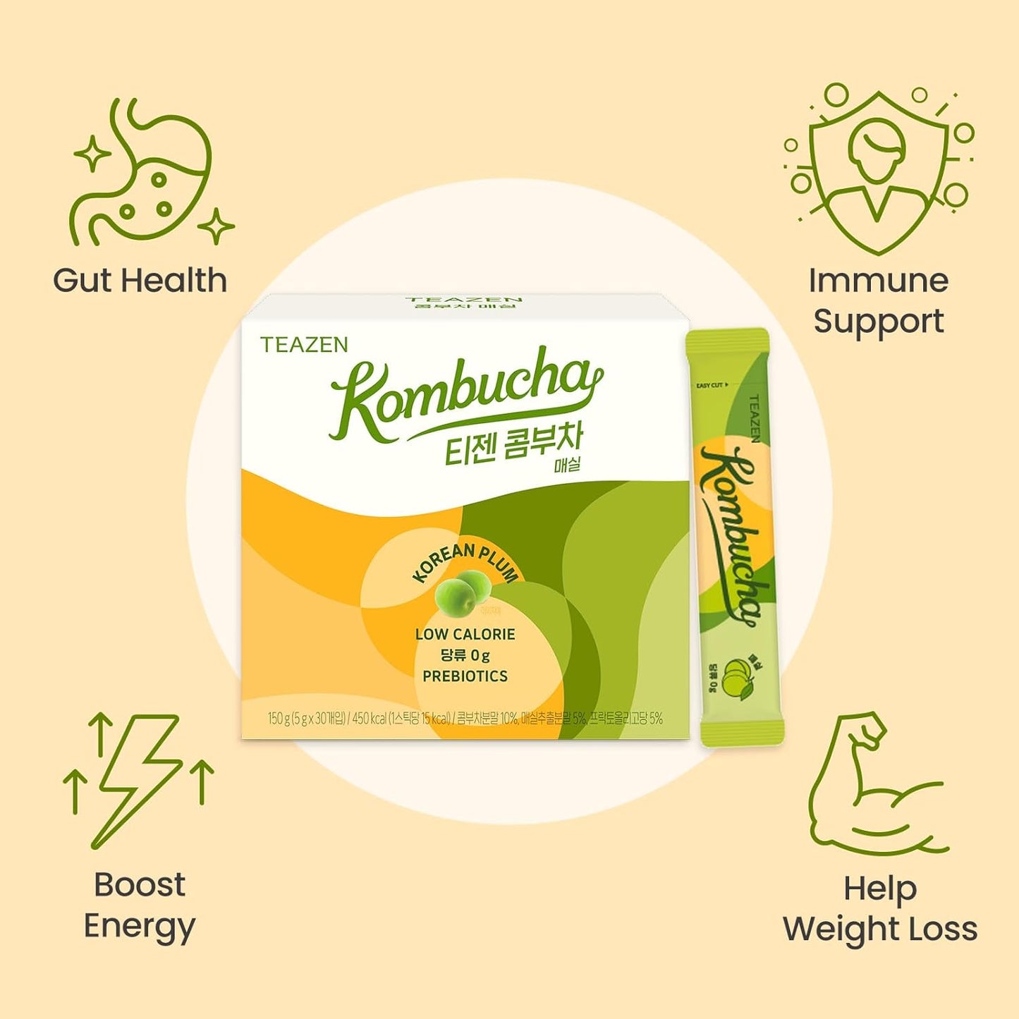 TEAZEN Japanese Apricot Kombucha Tea, Electrolyte & Hydration Drink Mix, Sugar Free, Live Probiotics & Prebiotics, 30 Sticks, 5.29oz