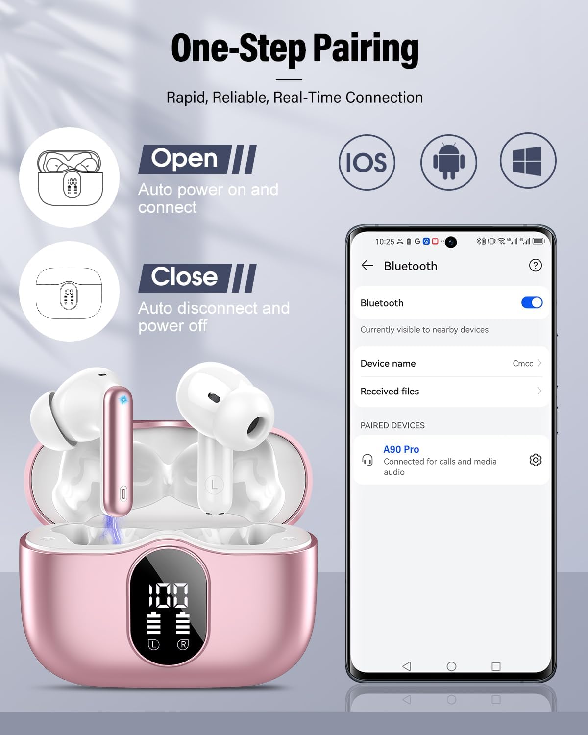 Wireless Earbuds, Bluetooth 5.4 Headphones Bass Stereo, Ear Buds with Noise Cancelling Mic, IP7 Waterproof in Ear Earphones, 36H LED Display Bluetooth Earbuds for Laptop Pad Phones Sports, Rose Gold