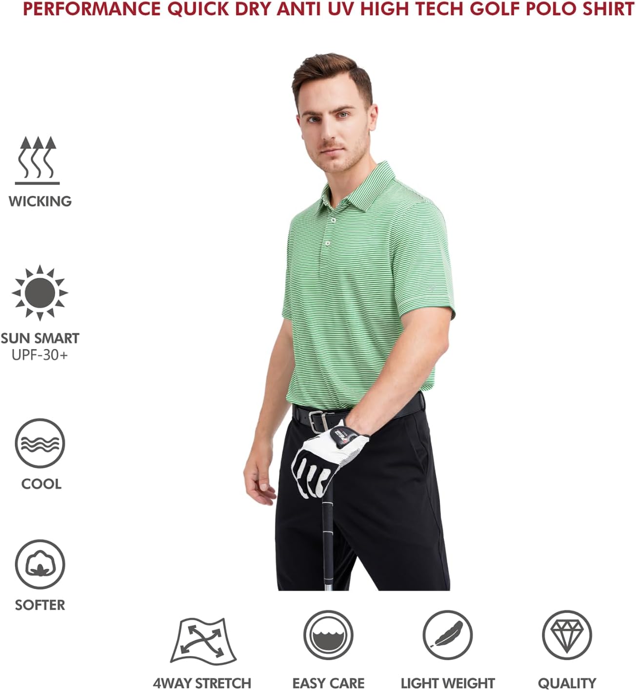 Men's Golf Polo Shirts Short Sleeve Striped Performance Moisture Wicking Dry Fit Golf Shirts for Men