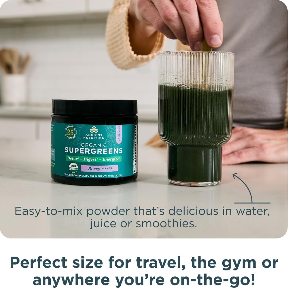 Ancient Nutrition SuperGreens Powder with Probiotics, Organic Berry Flavor Greens, Made from Real Fruits, Vegetables and Herbs, Digestive and Energy Support, 12 Servings, 3.2oz