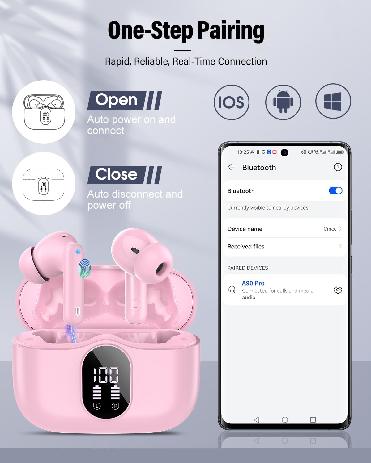 Wireless Earbuds, Bluetooth 5.4 Headphones Bass Stereo, Ear Buds with Noise Cancelling Mic, IP7 Waterproof in Ear Earphones, 36H LED Display Bluetooth Earbuds for Laptop Pad Phones Sports, Pink