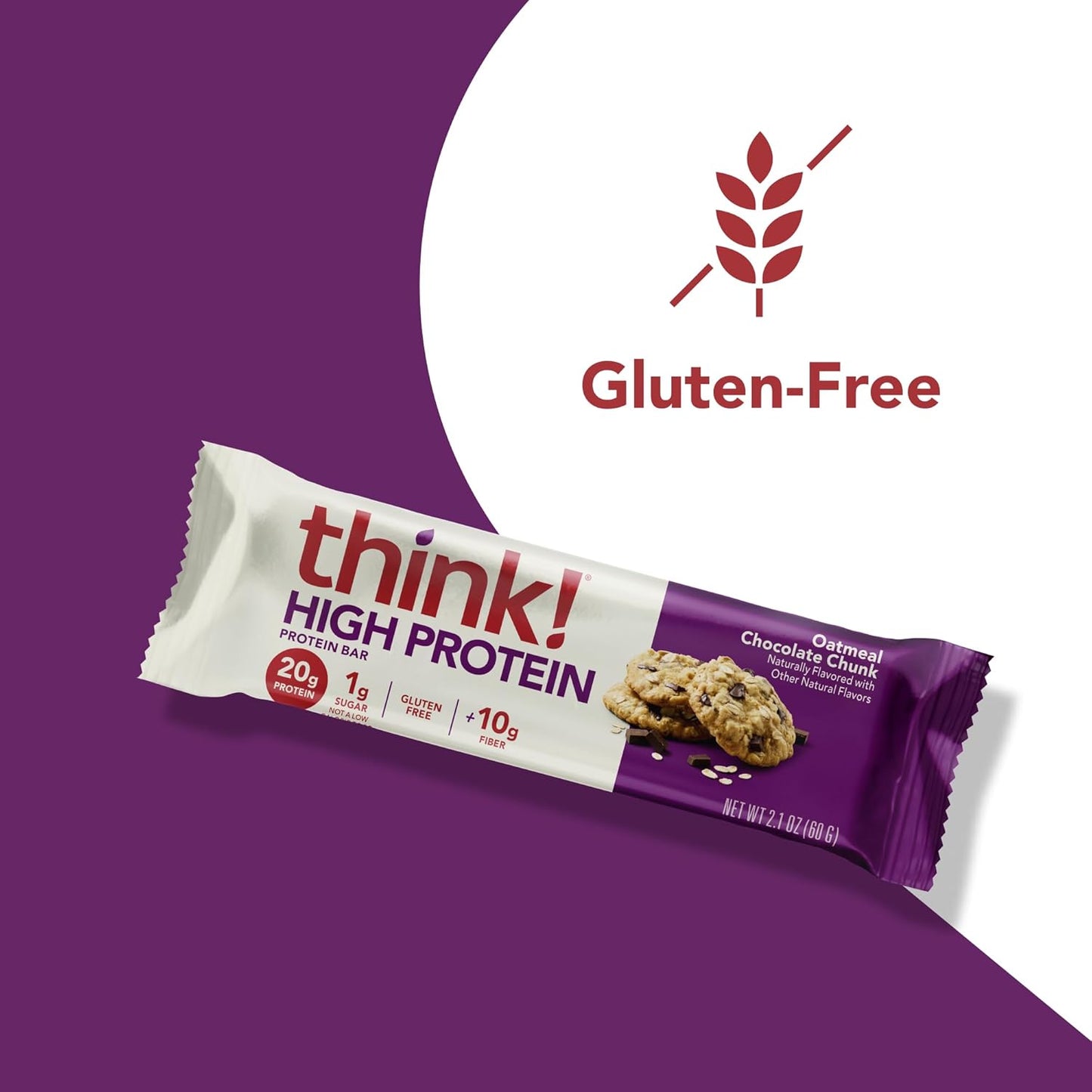 think! Protein Bars, High Protein Snacks, Gluten Free, High Fiber, Oatmeal Chocolate Chunk, 10 Count