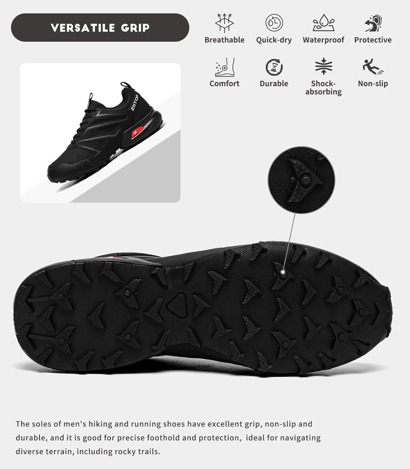 Mens Trail Running Shoes Waterproof Non-Slip Hiking Walking Sneakers for Outdoor Trailing Trekking Camping Quest Black