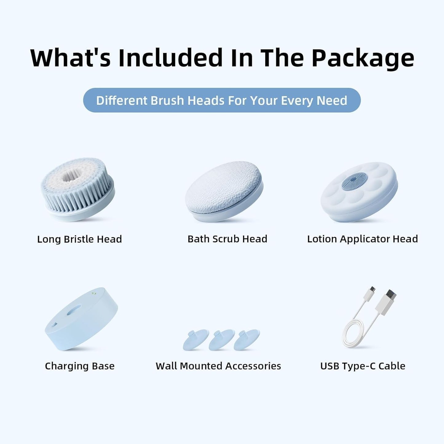 Electric Body Brush Back Scrubber for Shower, Waterproof Long Dual Handle Power Body Scrubber with 3 Heads, Rechargeable Bath Brush & 2 Speeds, for Cleansing, Exfoliating and Massaging Skin