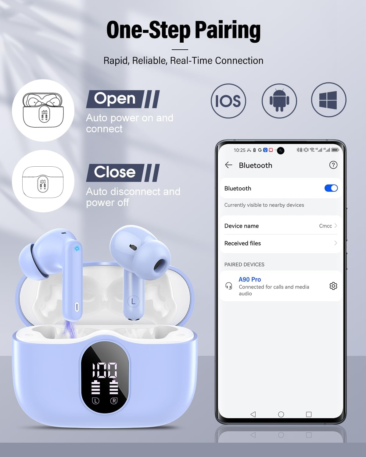 Wireless Earbuds, Bluetooth 5.4 Headphones Bass Stereo, Ear Buds with Noise Cancelling Mic, IP7 Waterproof in Ear Earphones, 36H LED Display Bluetooth Earbuds for Laptop Pad Phones Sports, Pale Blue