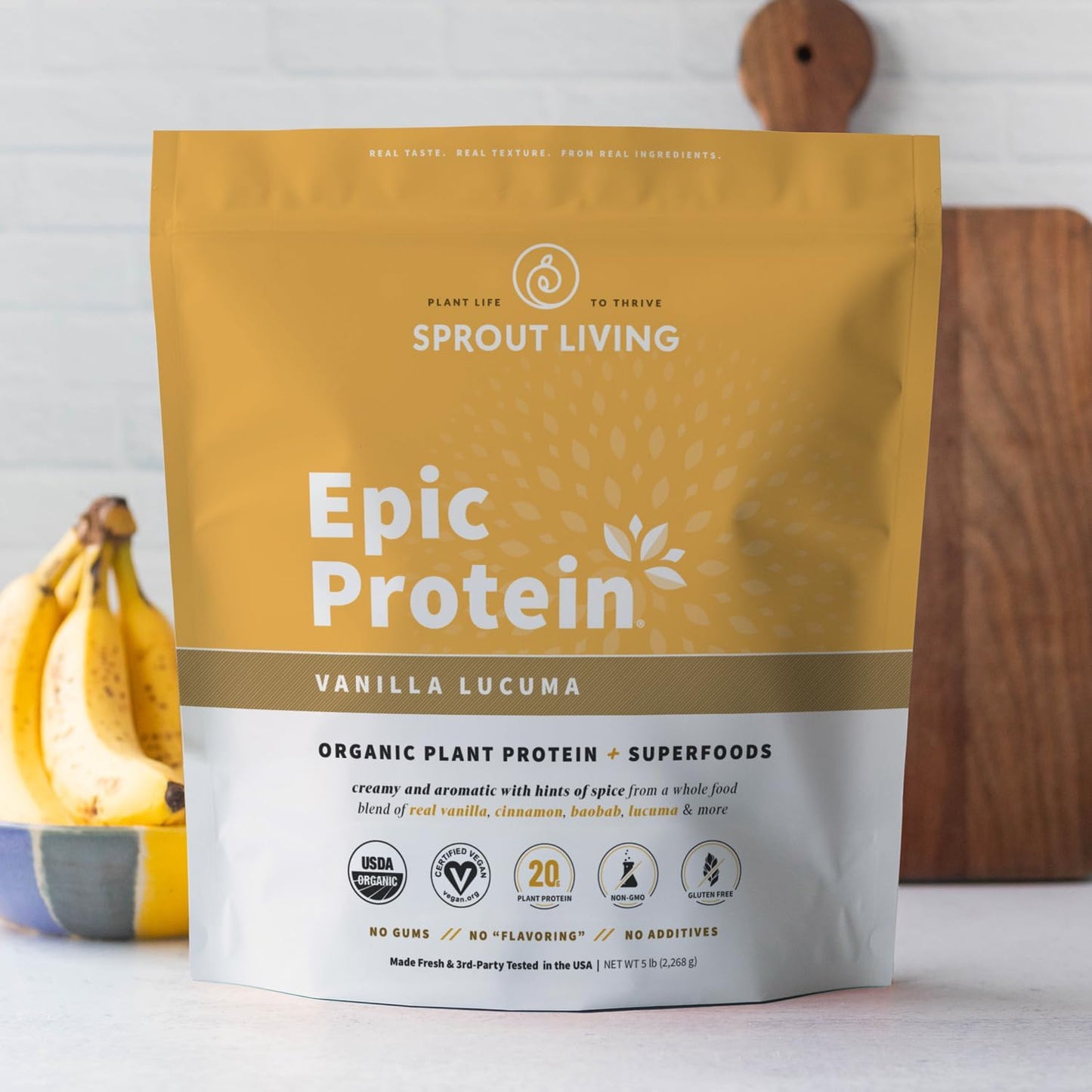 Sprout Living Epic Protein, Plant Based Protein & Superfoods Powder, Vanilla Lucuma Powder | 20 Grams Organic Protein Powder, Vegan, Non Dairy, Non-GMO, Gluten Free, Low Sugar (5 Pound, 60 Servings)