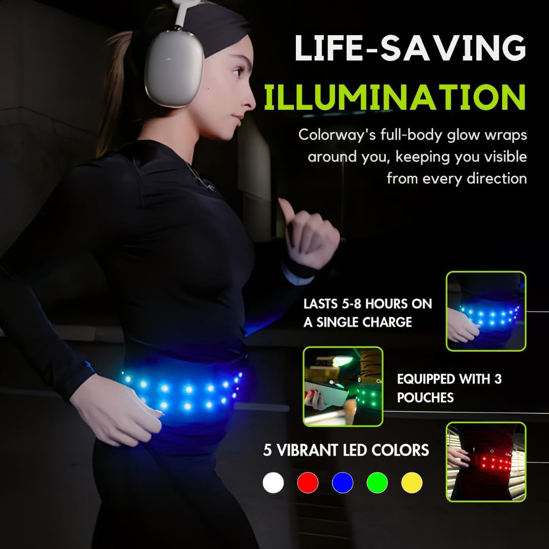 Colorway Led Running Belt – Day & Night Adjustable Waist Pack, Removable Light Strip, 3 Pouches for All Essentials, Reflective Running Gear for Men & Women (Rechargeable, Machine Washable)