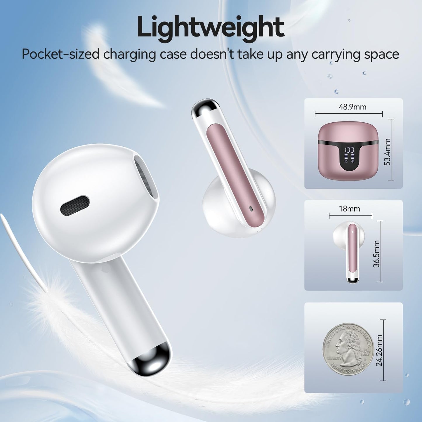 Wireless Earbuds, 2025 Bluetooth 5.3 Headphones HiFi Stereo 50H Playback Ear Buds with Led Digital Display, ENC Noise Cancelling Earbuds for Laptop Computer, iOS, Android, Rose Gold