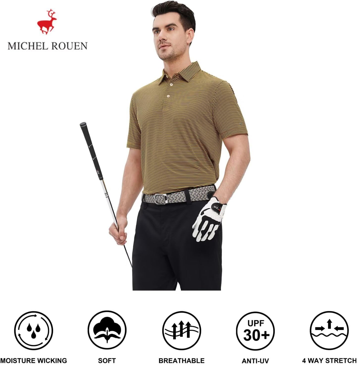 Mens Golf Shirt Moisture Wicking Dry Fit Performance Sport Short Sleeve Striped Golf Polo Shirts for Men
