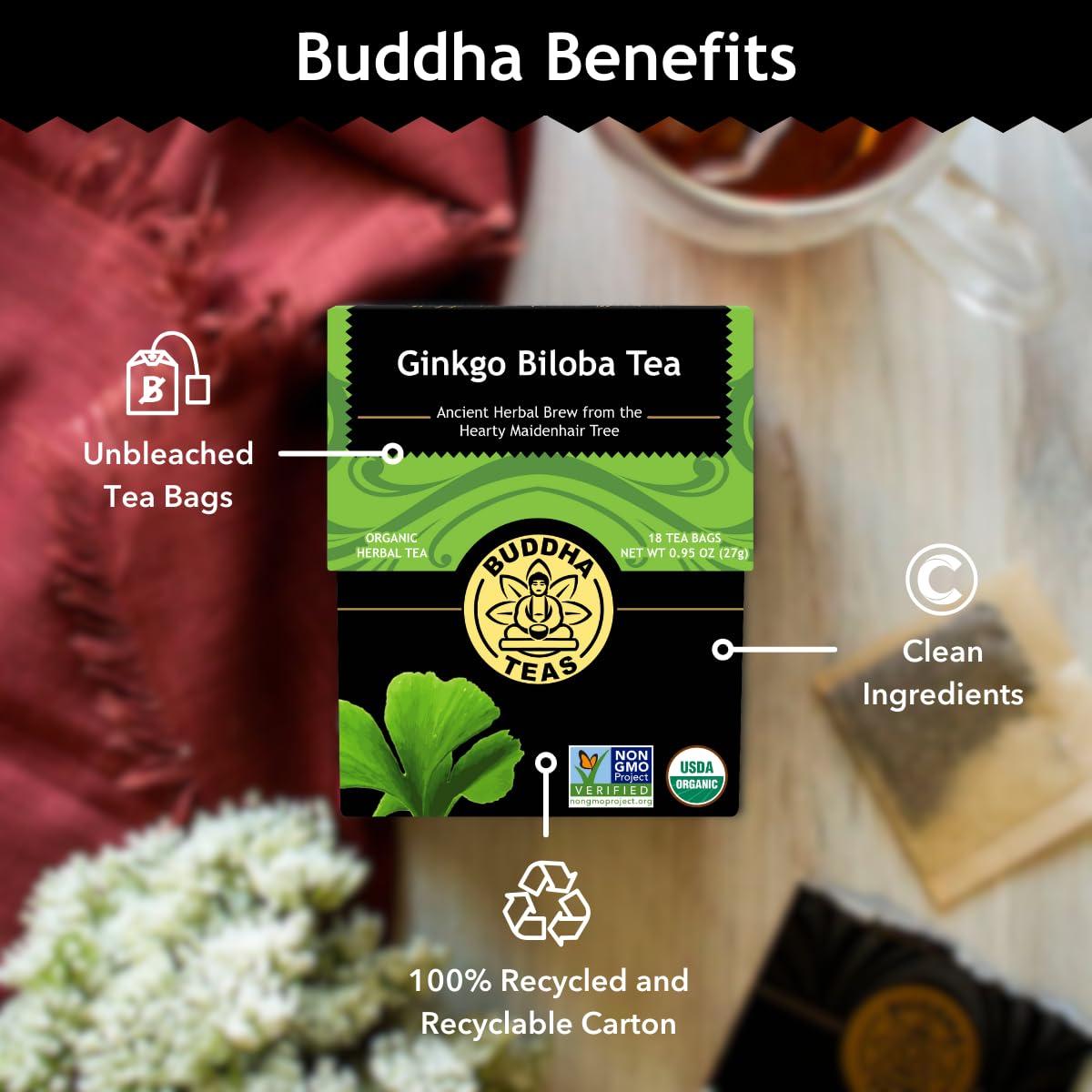 Buddha Teas - Ginkgo Biloba - Organic Herbal Tea - For Cognitive Balance & Overall Health - With Vitamin C - Energizing Blend - Caffeine Free - 100% Kosher & Non-GMO - 18 Tea Bags (Pack of 1)