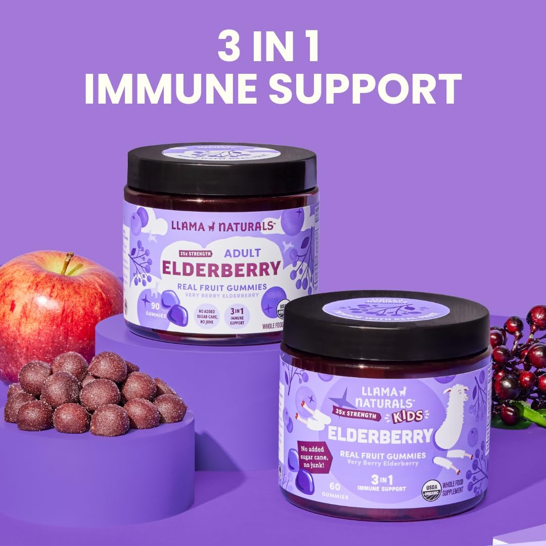 Llama Naturals Elderberry Gummies for Adults, Vegan, Organic Immune Support Supplement with Vitamin C and Zinc, Real Fruit Gummy Vitamins for Immunity, Chewable, No Added Sugar Cane, 90 Ct