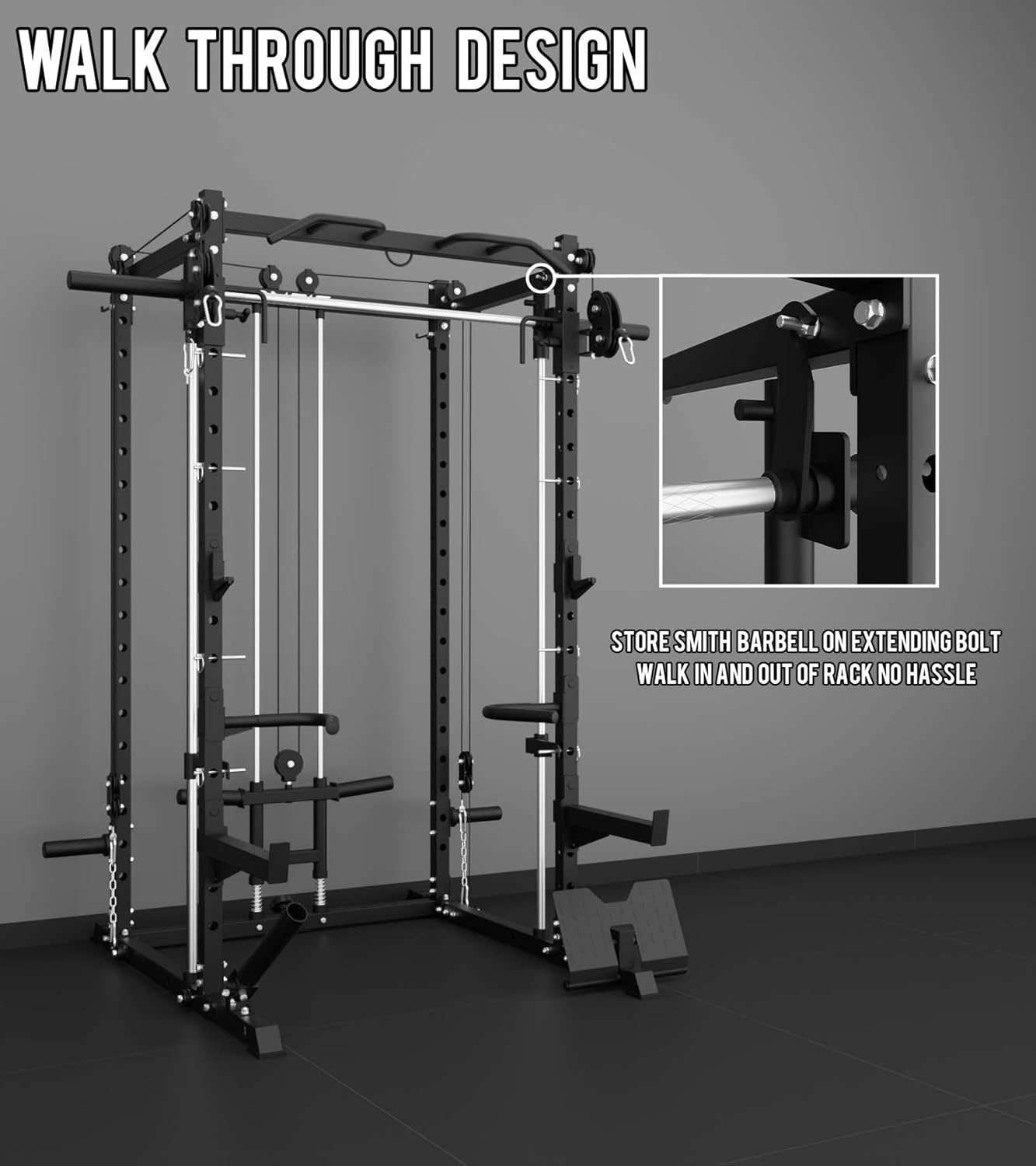 Eonfit E3 Smith Machine with 360°Rotating Arm for Home Gym Equipment, Multi-Function Power Cage Squat Rack with Cable Crossover LAT Pulldown Pulley System All in One