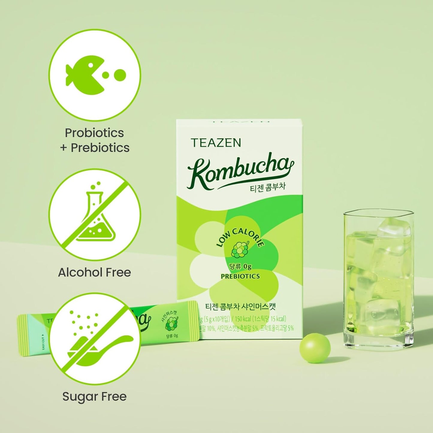 TEAZEN Shine Muscat Kombucha Tea, Electrolyte Powder & Hydration Drink Mix, Sugar Free, Live Probiotics & Prebiotics, 10 Sticks, 1.76oz