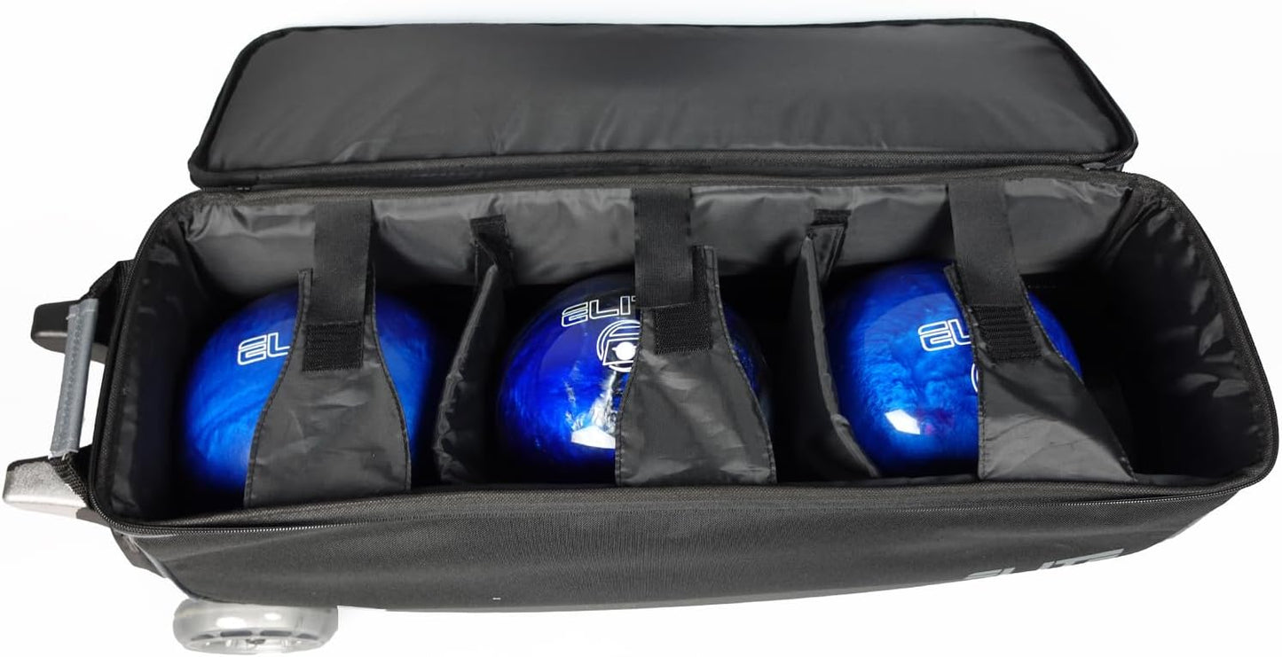 ELITE Basic Triple Roller Black Bowling Bag - 3 Ball Roller, Fits 2 Pairs of Size 15 Shoes, Air Travel-Friendly