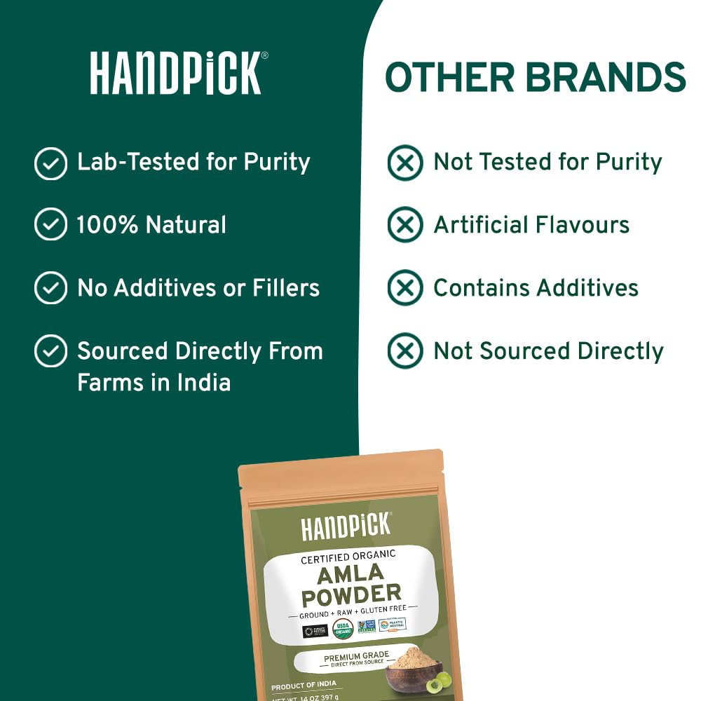 HANDPICK Organic Amla Powder (14oz) Amalaki, USDA Organic, Non-GMO | 100% Raw and Natural - Lab Tested for Purity | Indian Gooseberry Powder | Resealable Zip Lock Pouch