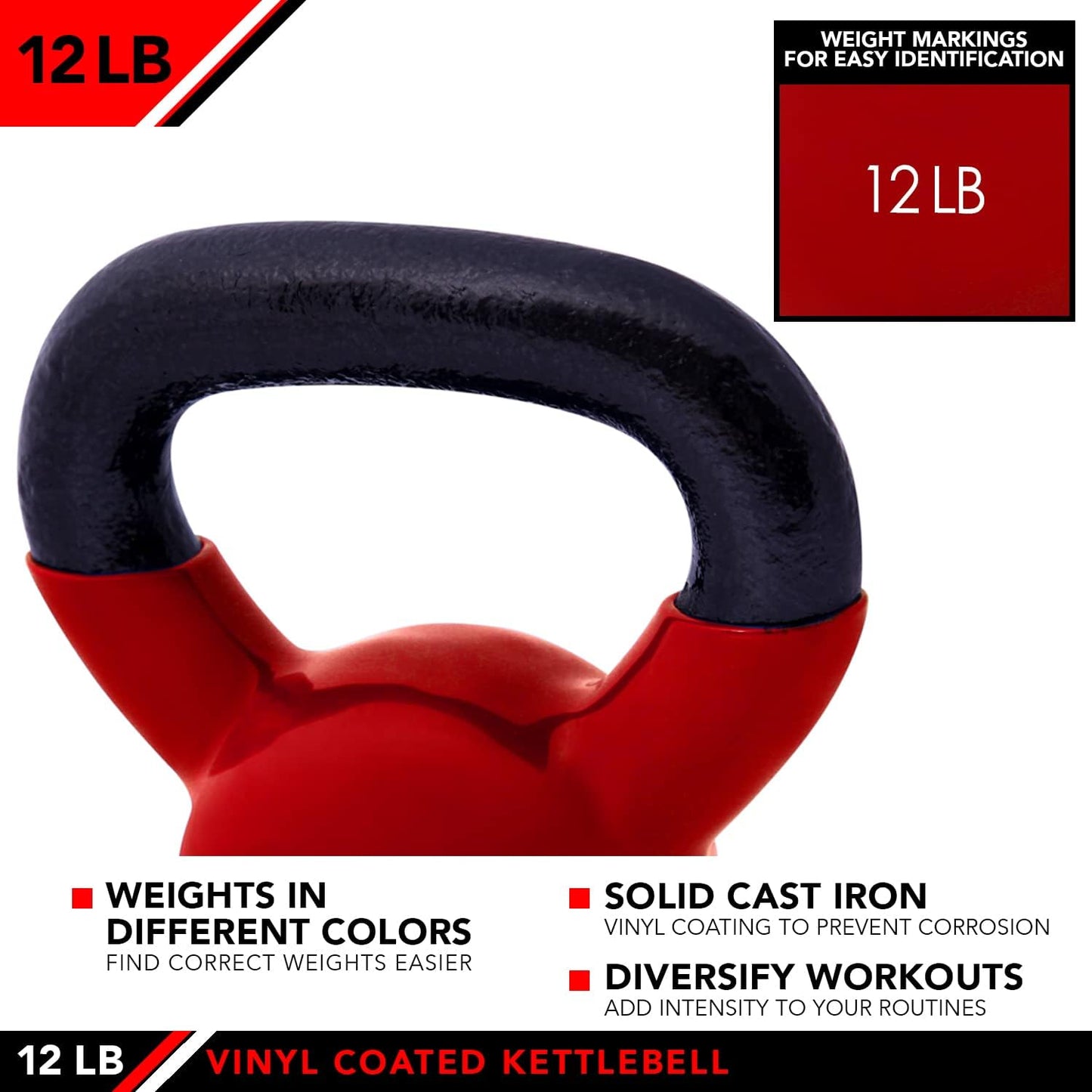 JFIT Kettlebell Weights Vinyl Coated Iron - 12 Size Options, 5lbs-50lbs - Coated for Floor and Equipment Protection, Noise Reduction, Ballistic, Core, Weight Training
