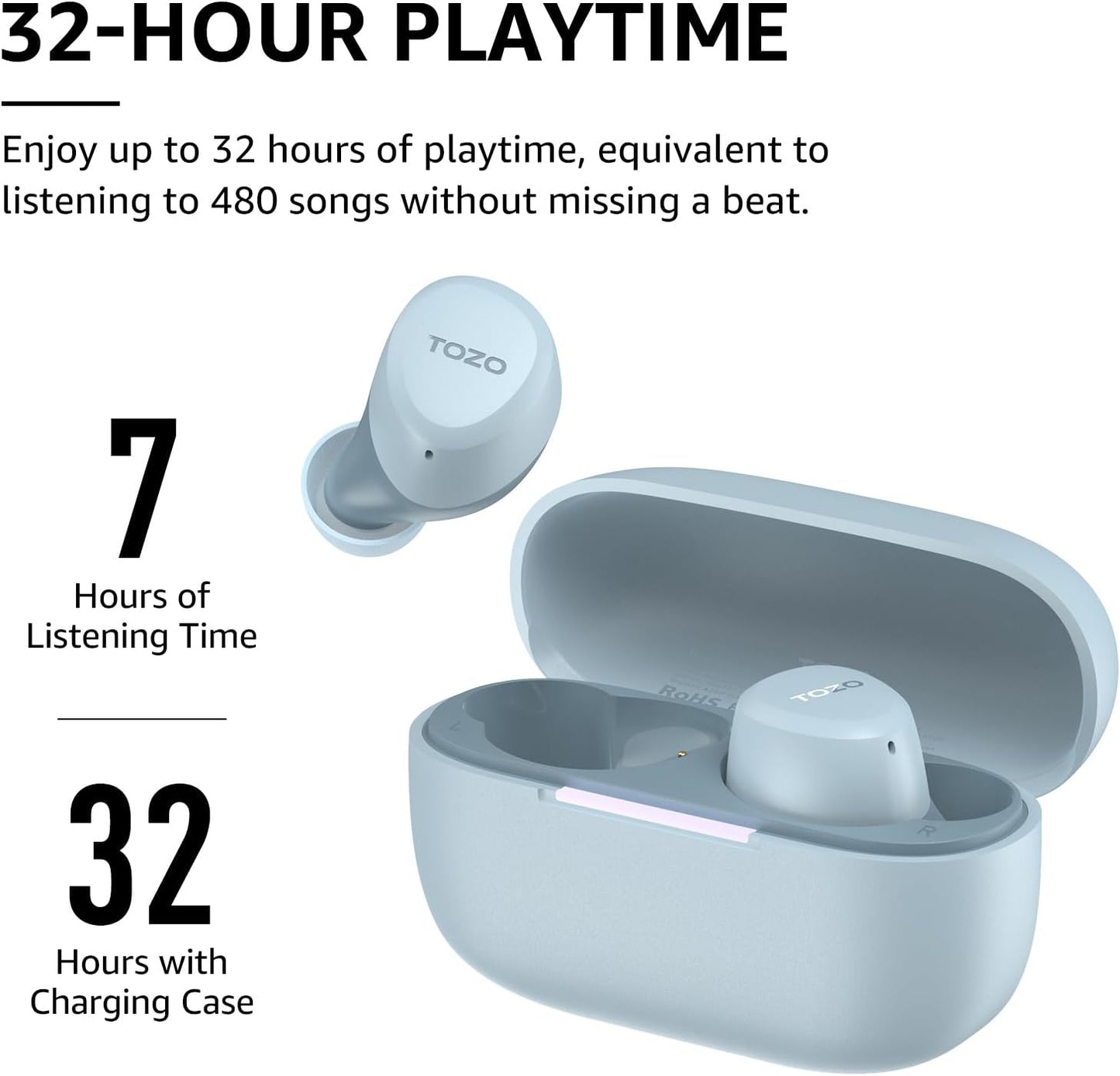 TOZO A1 Wireless Earbuds Bluetooth 5.3 Light Weight in Ear IPX5 Waterproof Headphones 2 Mic for AI Calls, Immersive Premium Sound Bass Headset with Charging Case, 32 Presets EQ Customization via App