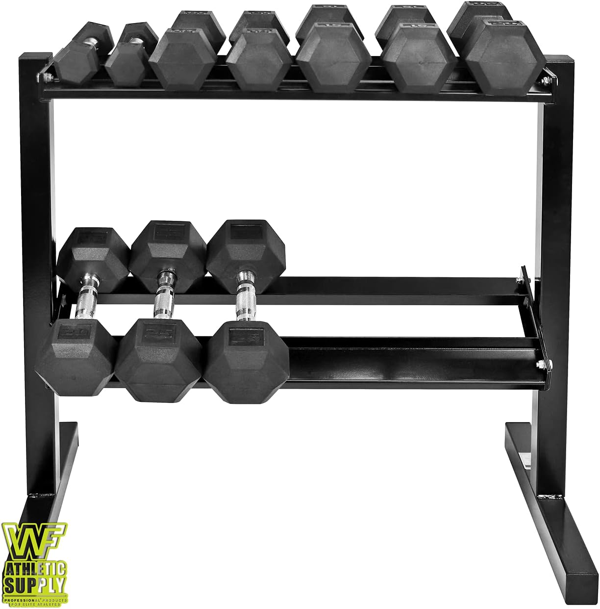 WF Athletic Supply Rubber Coated Hex Dumbbell Set with Two Tier Premium Storage Rack Built for Strength Building, Weight Loss & Home Gym β Multiple Sets Available