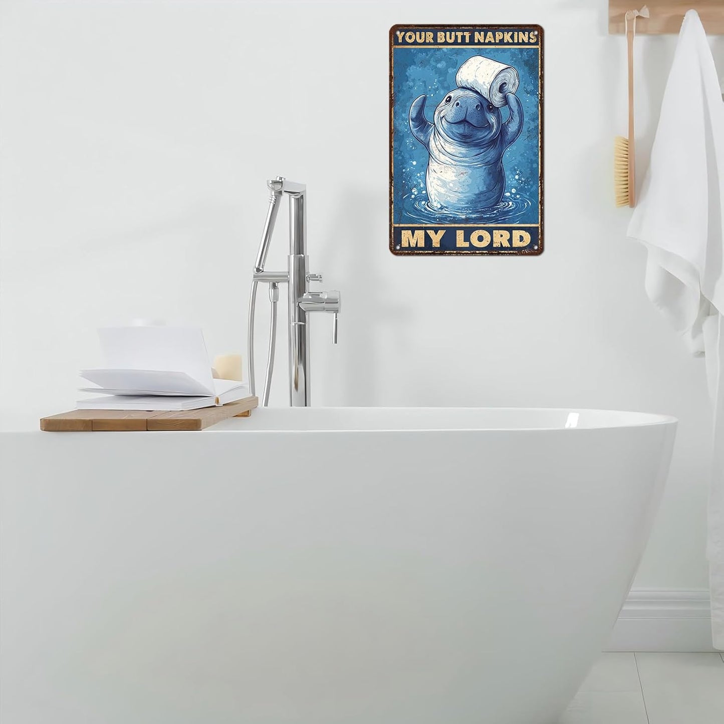 Vintage Manatee Tin Sign Your Butt Napkins My Lord Retro Bathroom Metal Poster Funny sea Cow Wall Art Toilet Man Cave Bar Cafe Indoor Room Garage Store Office 12 * 8inch