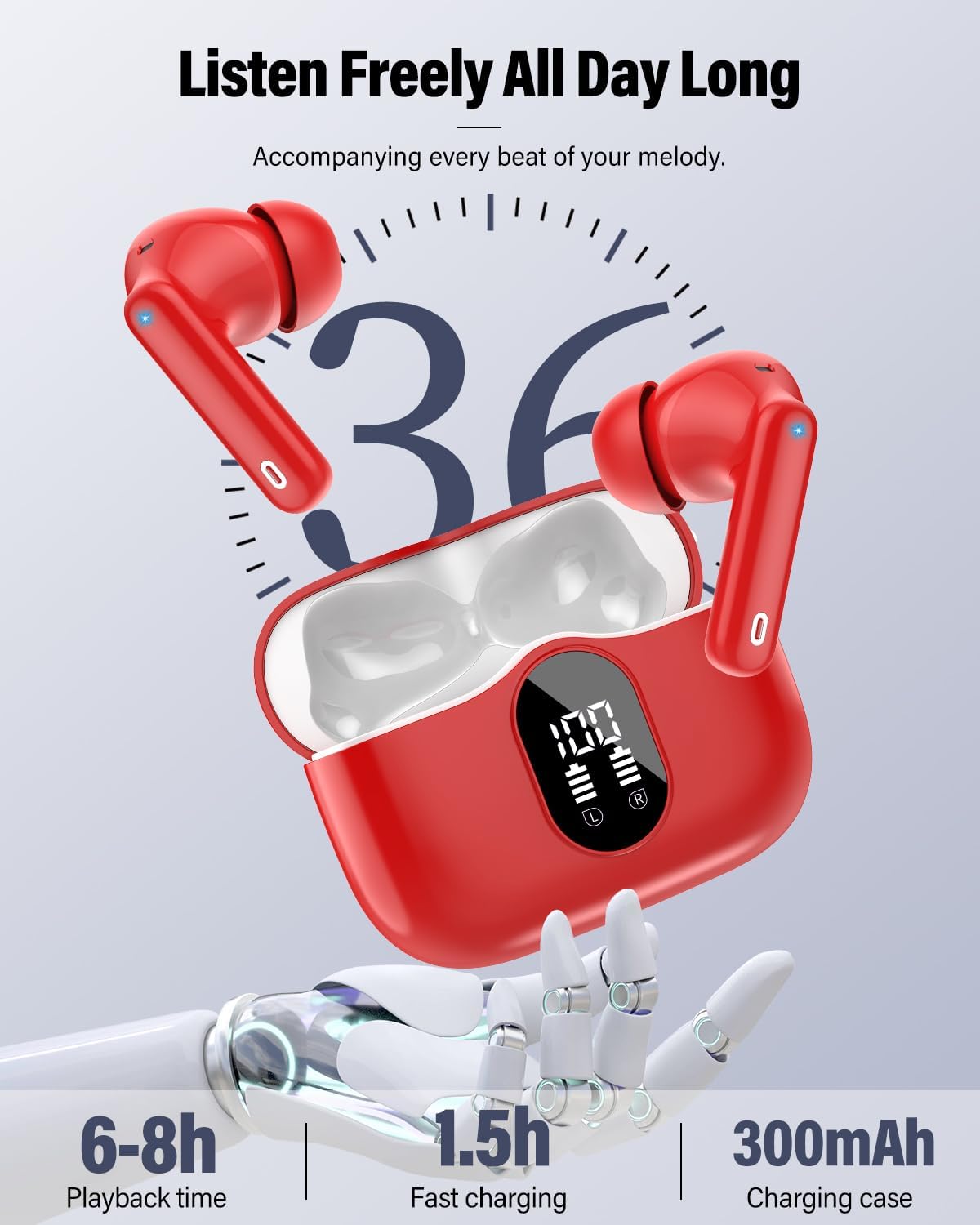 Wireless Earbuds, Bluetooth 5.4 Headphones Bass Stereo, Ear Buds with Noise Cancelling Mic, IP7 Waterproof in Ear Earphones, 36H LED Display Bluetooth Earbuds for Laptop Pad Phones Sports, Red