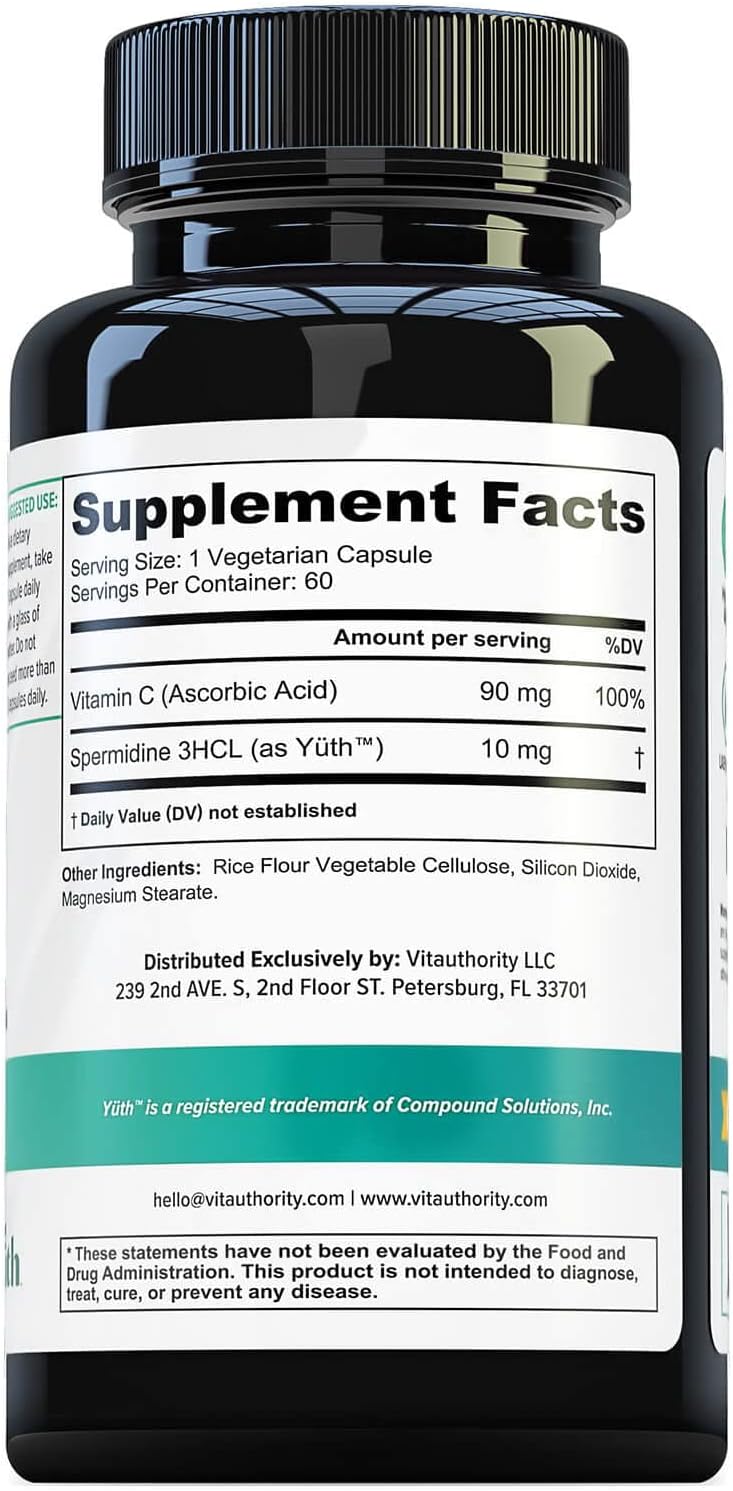 Enhanced Absorption Pure Spermidine Supplement - 99% Standardized Spermidine 3HCL Anti Aging Supplement for Women and Men’s Longevity Brain Telomere Heart Cell and Skin Support - 60 Servings