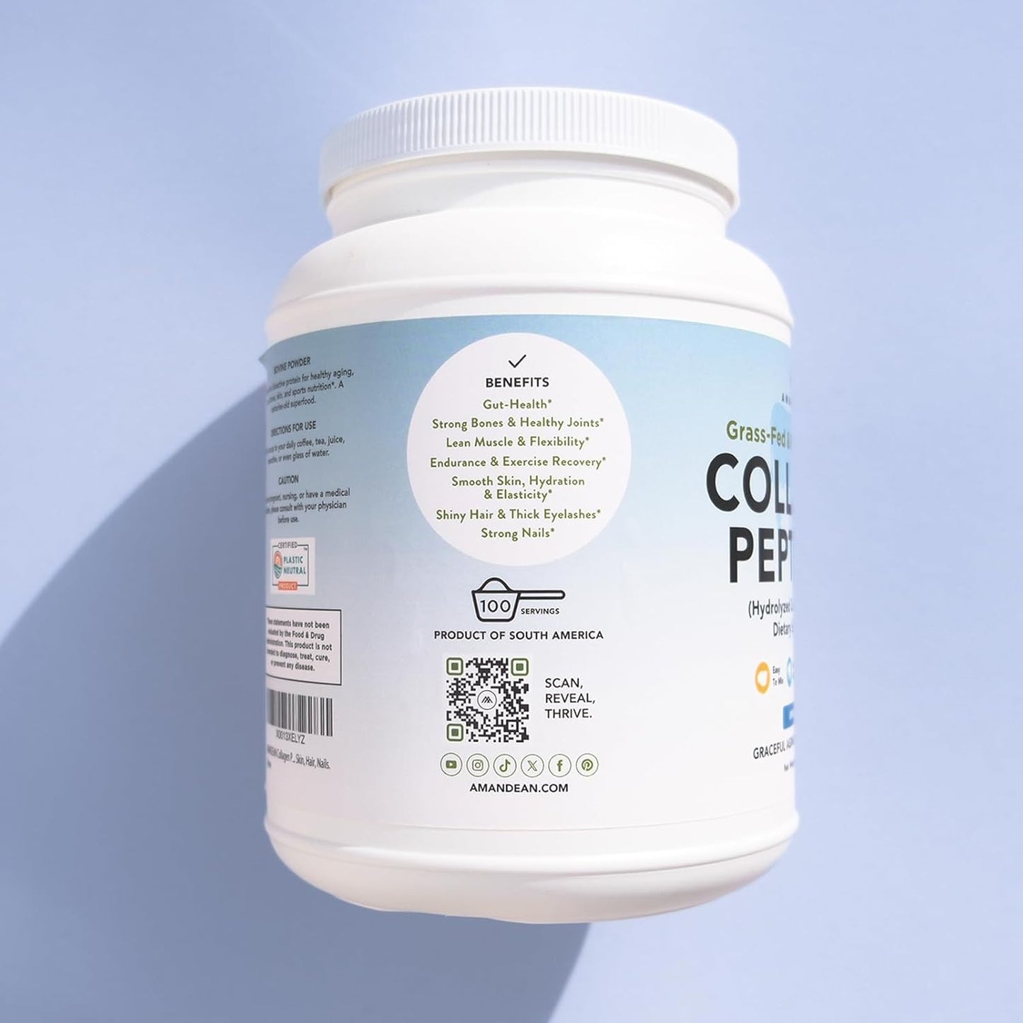 AMANDEAN Collagen Peptides Powder 1kg. Grass-Fed, Enzymatically Hydrolyzed, Type 1 & 3. Agglomerated, Easy to Mix, Unflavored, Non-GMO. Protein with 18 Amino Acids for Healthy Skin, Hair, Nails.
