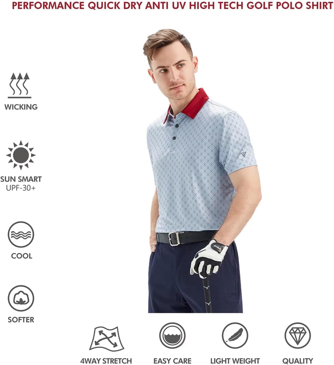 Men's Golf Polo Shirts Short Sleeve Striped Performance Moisture Wicking Dry Fit Golf Shirts for Men