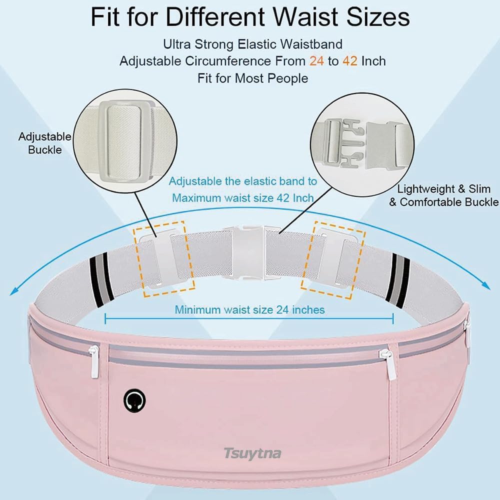 Running Belt for Women & Men - Slim Phone running belt with Water-Resistant Phone Holder, 3 pockets Adjustable Waist Strap, Reflective Safety Design for Running, Hiking, Travel,Fitness (Pink)