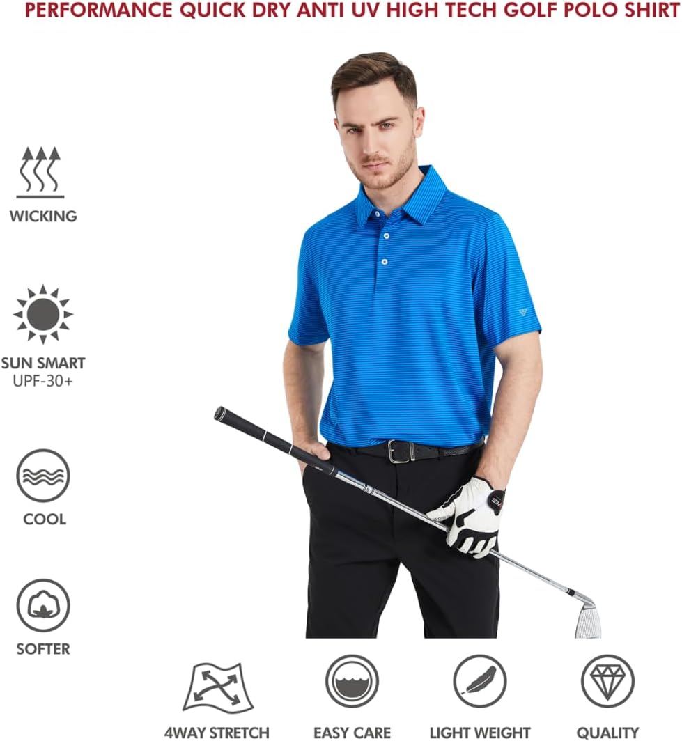 Men's Golf Polo Shirts Short Sleeve Striped Performance Moisture Wicking Dry Fit Golf Shirts for Men