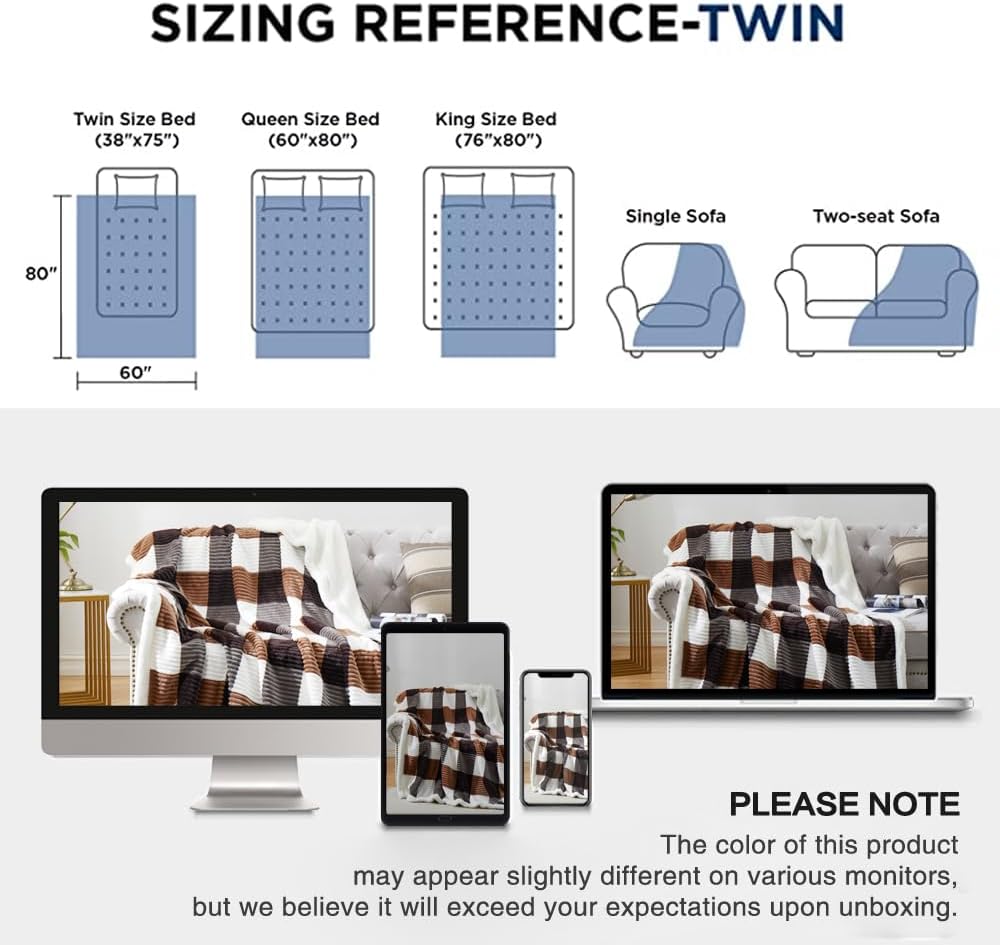 PU MEI Sherpa Blanket Twin Plaid Thick Bed Blanket, 60”*80” Super Soft Flannel Fuzzy Fleece Reversible Velvet Plush Warm Blanket for Couch(Brown-Check, 60"*80")