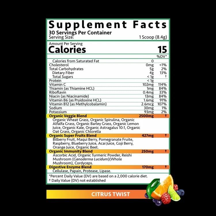 Driven B&G Berries & Greens Superfood Powder, 30 Servings - Organic Plant-Based Formula with Probiotics & Digestive Enzymes -Supports Recovery, Healthy Digestion, and Immune Function (Citrus Delight)