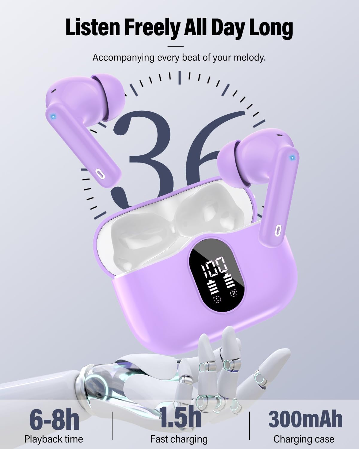 Wireless Earbuds, Bluetooth 5.4 Headphones Bass Stereo, Ear Buds with Noise Cancelling Mic, IP7 Waterproof in Ear Earphones, 36H LED Display Bluetooth Earbuds for Laptop Pad Phones Sports, Purple